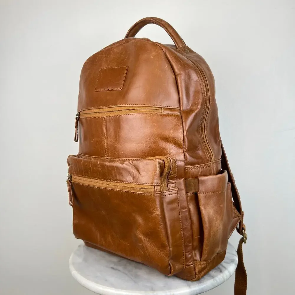 Genuine Leather Laptop Travel Backpack with Trolley Strap for Suitcase